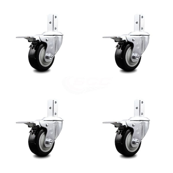 3 Inch Black Poly Wheel Swivel 3/4 Inch Square Stem Caster Set Total Lock Brake